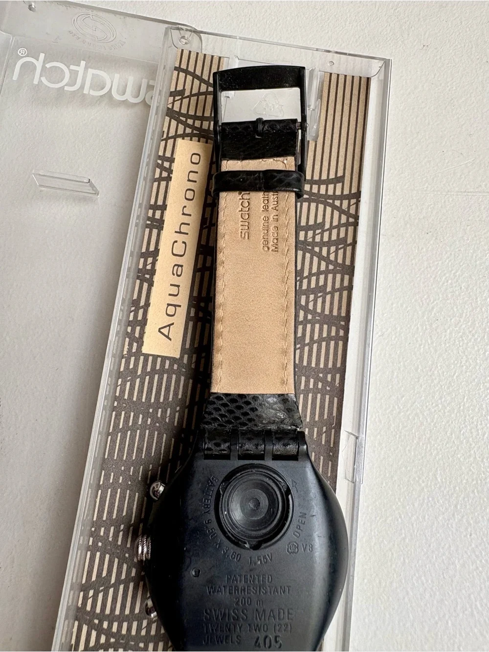 Swatch Iridescent Dial Chronograph with Black Leather Strap